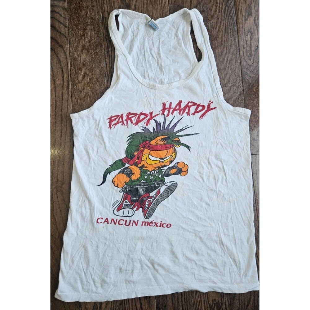 Vtg Punk Garfield Cancun Mexico Tank Top White 90's Punk Rock Party Hardy